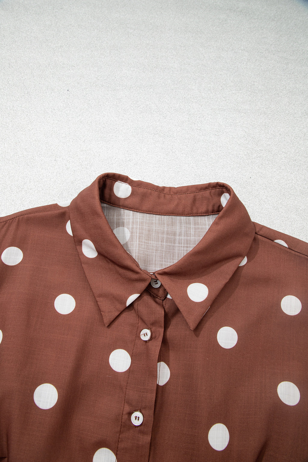 Brown Polka Dot V Neck Abdomen Pocket Gathered Cuffs Long Sleeve Shift Plus Size Dress