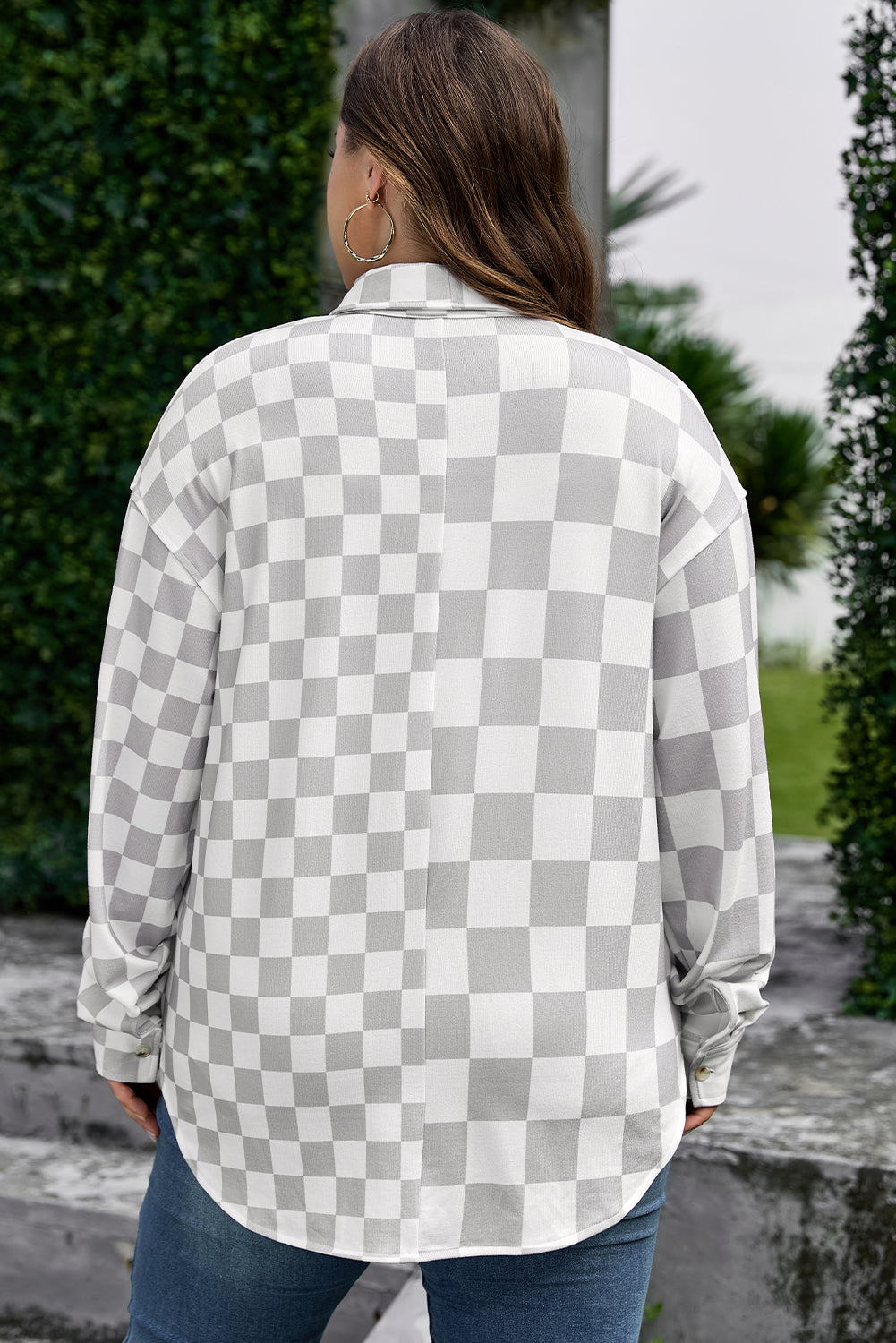 Khaki Plus Size Checkered Buttoned Down Casual Western Jacket
