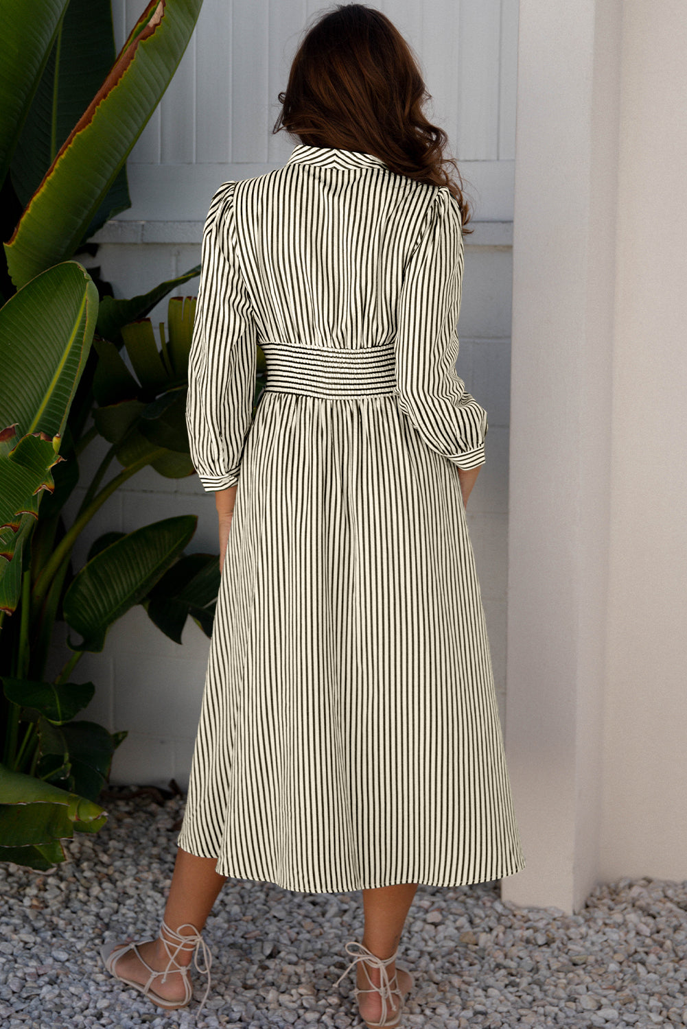 Black Stripe V Neck Zip Front Cinched High Waist Midi Dress