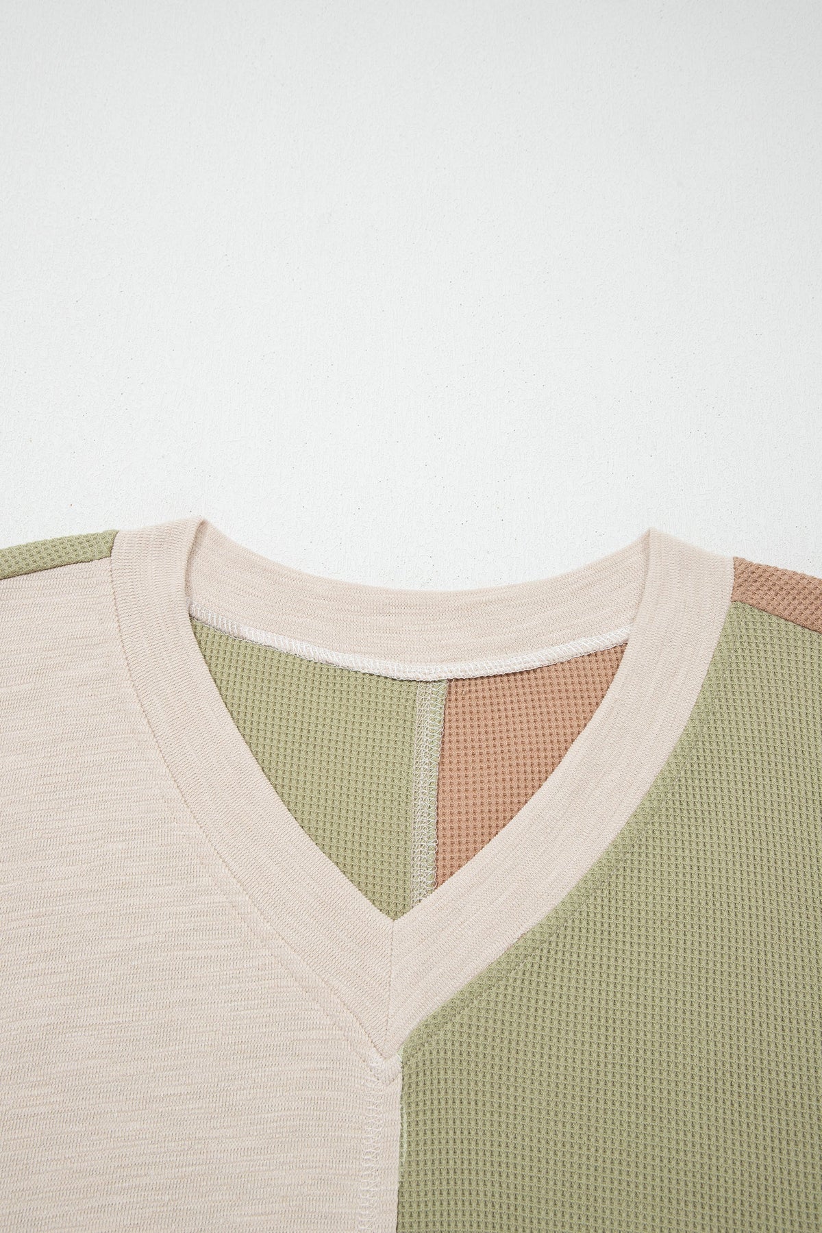 Green Plus Mixed Texture Color Block Patchwork V Neck Long Sleeve Top
