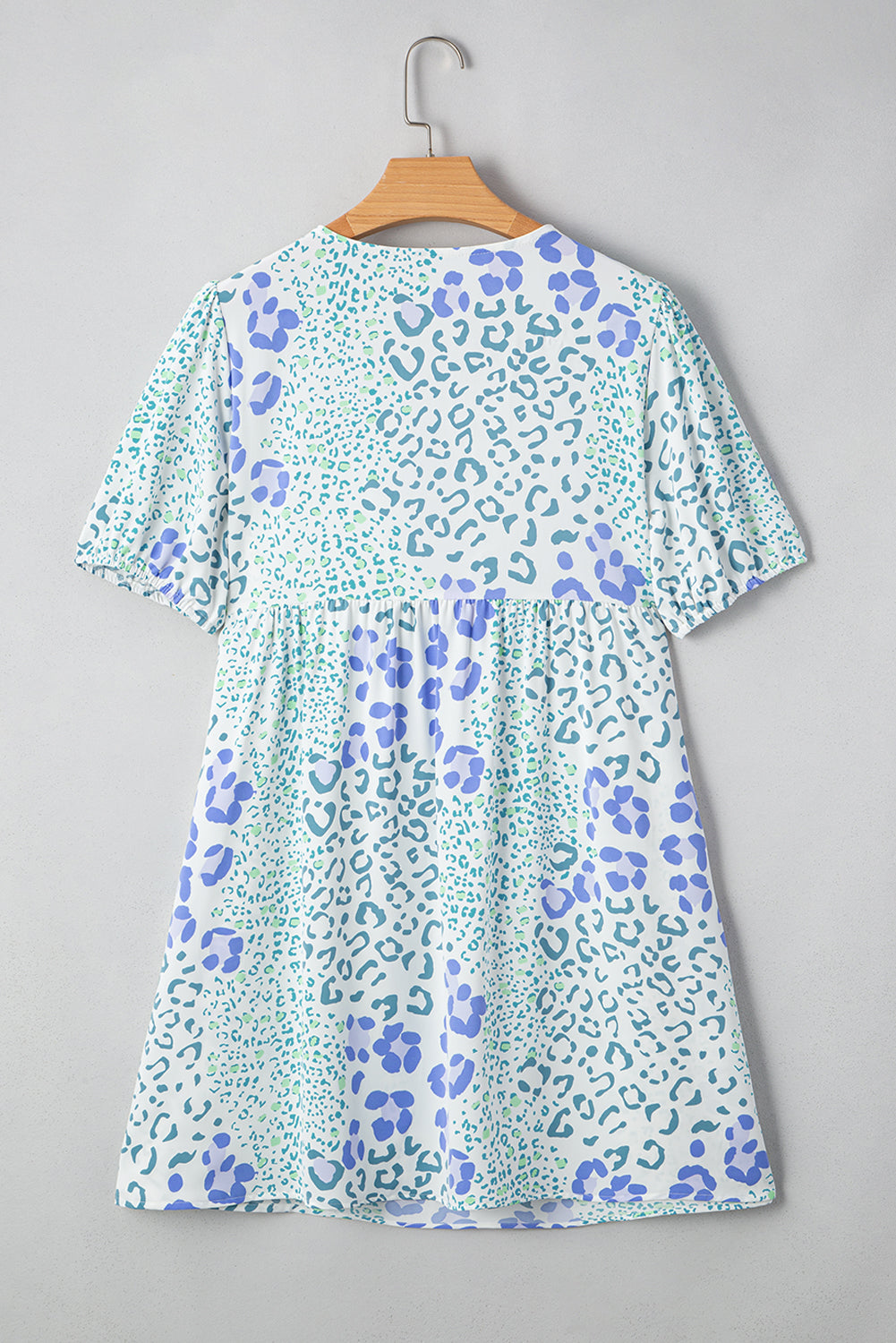 Sky Blue Leopard Contrast Bow Puff Sleeve Mini Dress