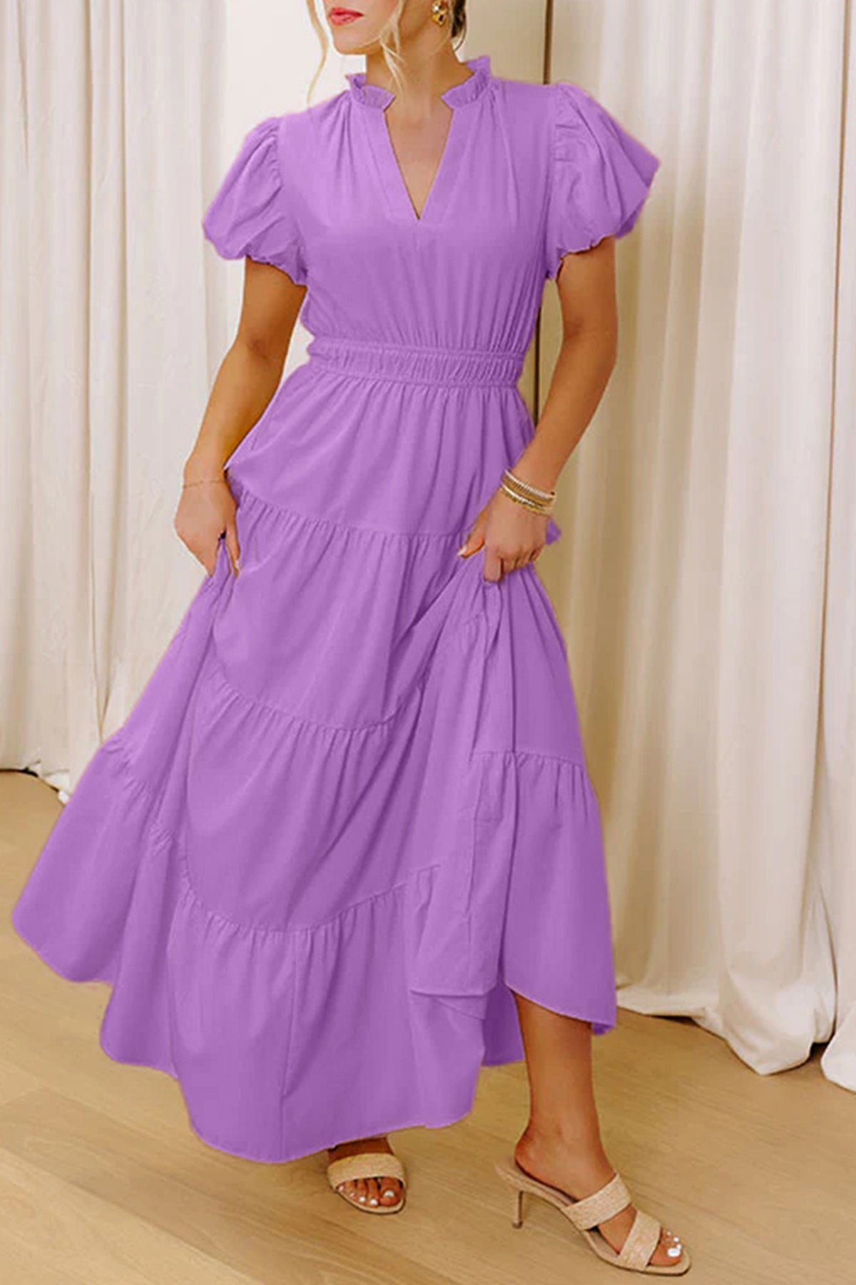 Coral Solid Color V Neck Short Puff Sleeve High Waist Tiered Maxi Dress