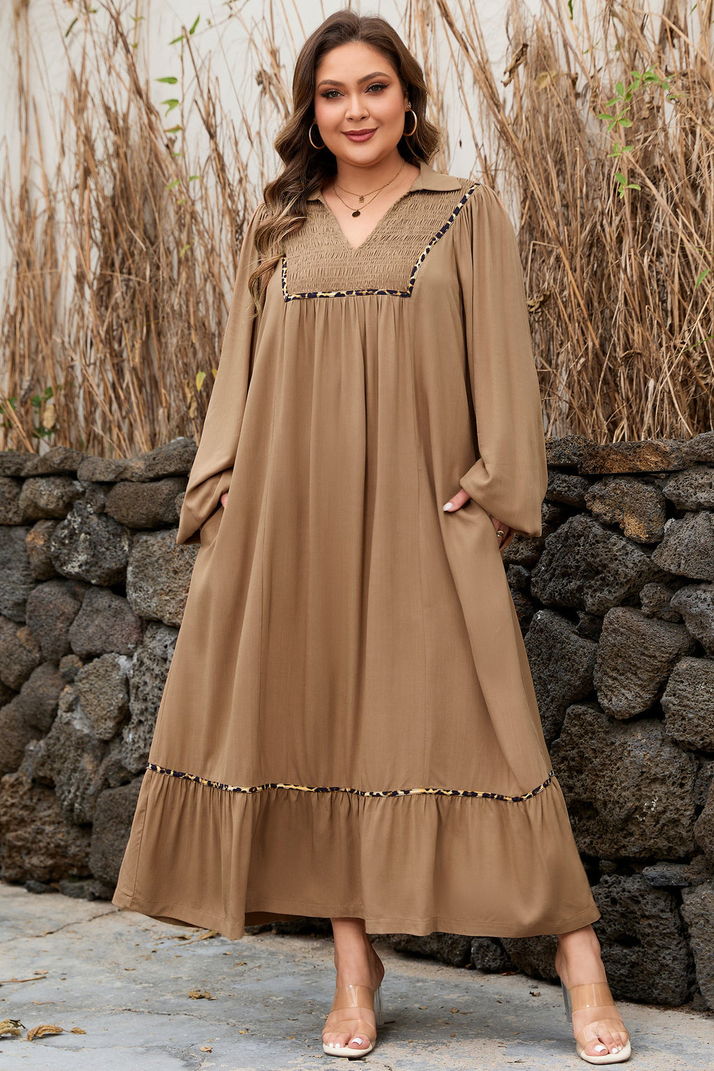 Chestnut Smocked V Neckline Leopard Piping Accent Bracelet Plus Size Long Dress