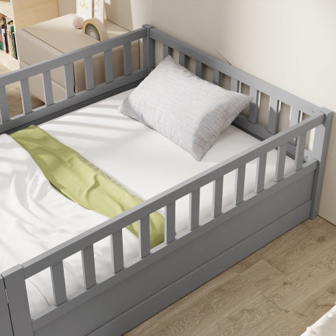 MontessoriPlay™ – Twin Size Wooden Floor Bed with Safety Rails & Door (US Warehouse)