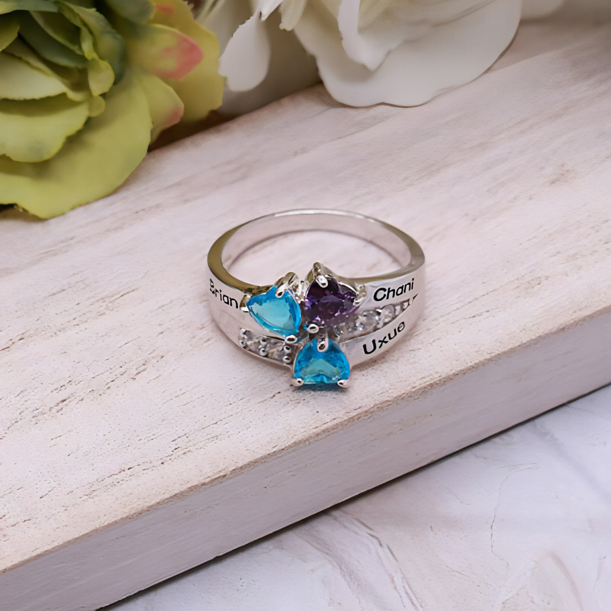 Personalized And Engraved Heart Assortment Birthstones Silver Ring