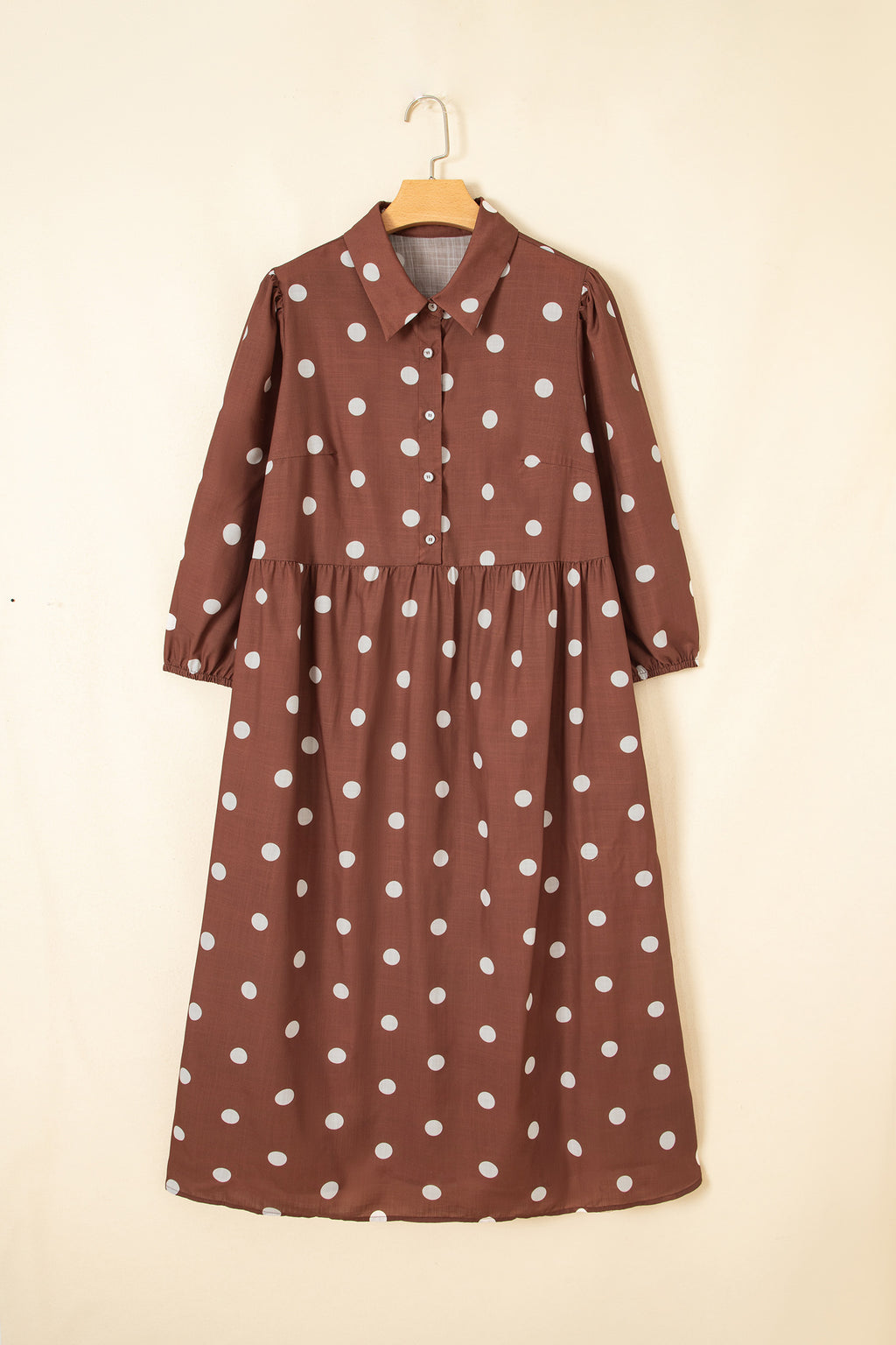 Brown Polka Dot V Neck Abdomen Pocket Gathered Cuffs Long Sleeve Shift Plus Size Dress