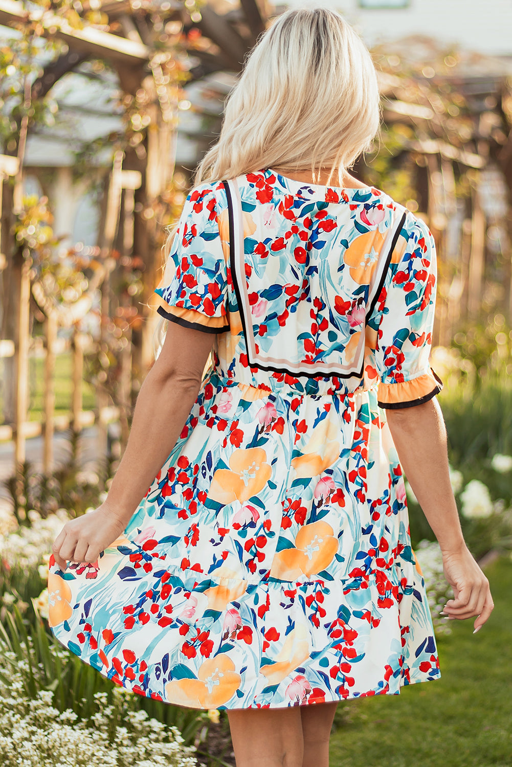 Green Floral Print Zipper Ruffled Short Sleeve High Waist Mini Dress
