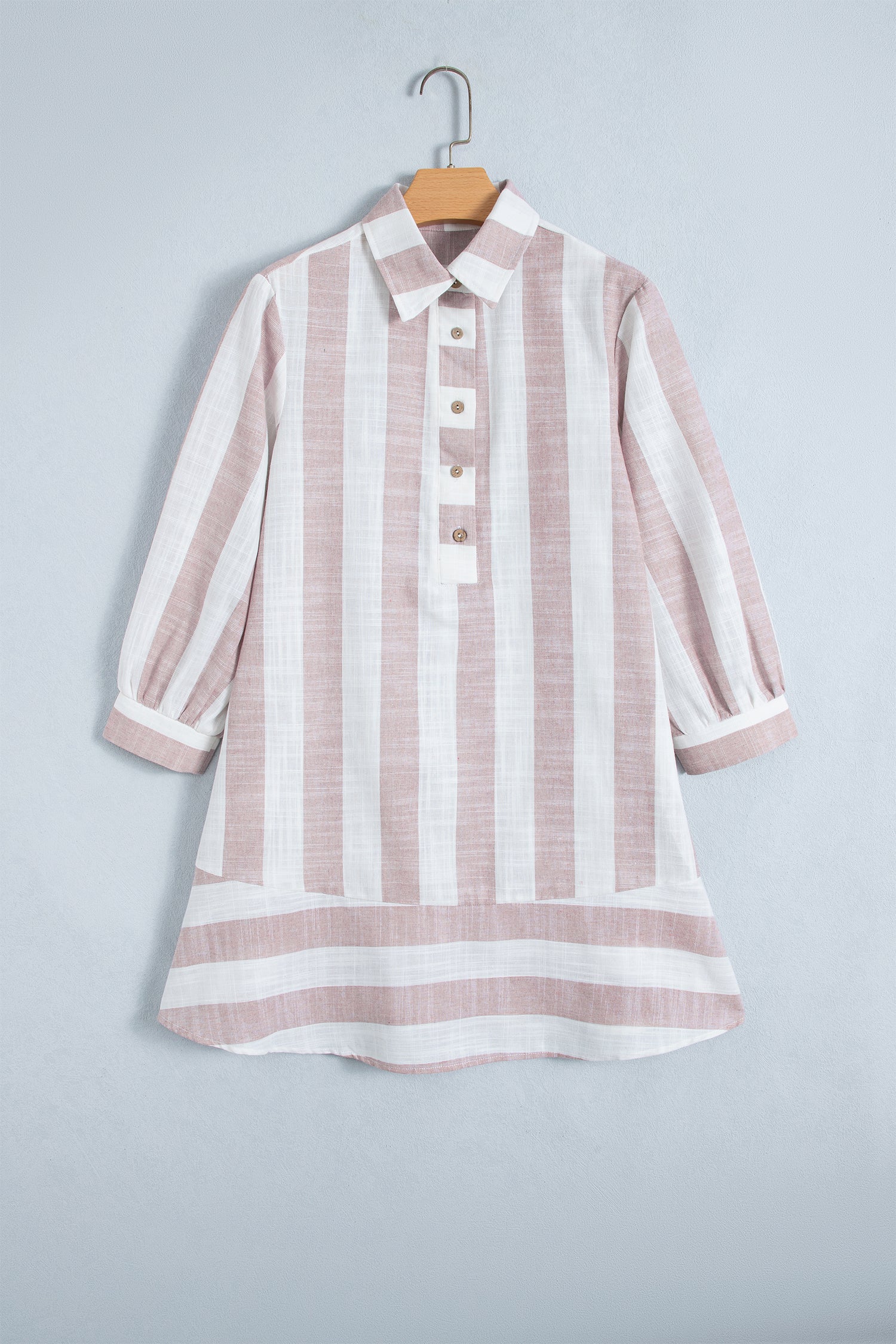 Khaki Stripe Striped Button-Up Three-Quarter Sleeve Short Shift Dress