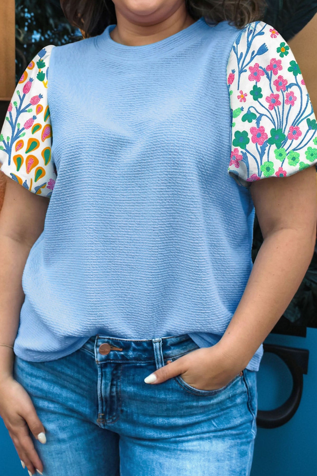 Light Blue Textured Bodice Contrast Floral Sleeve Plus Size Top