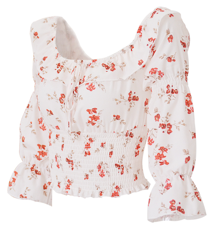 One-neck pleated short-sleeved printed tube top Spring and summer women's clothing (T-shirt)