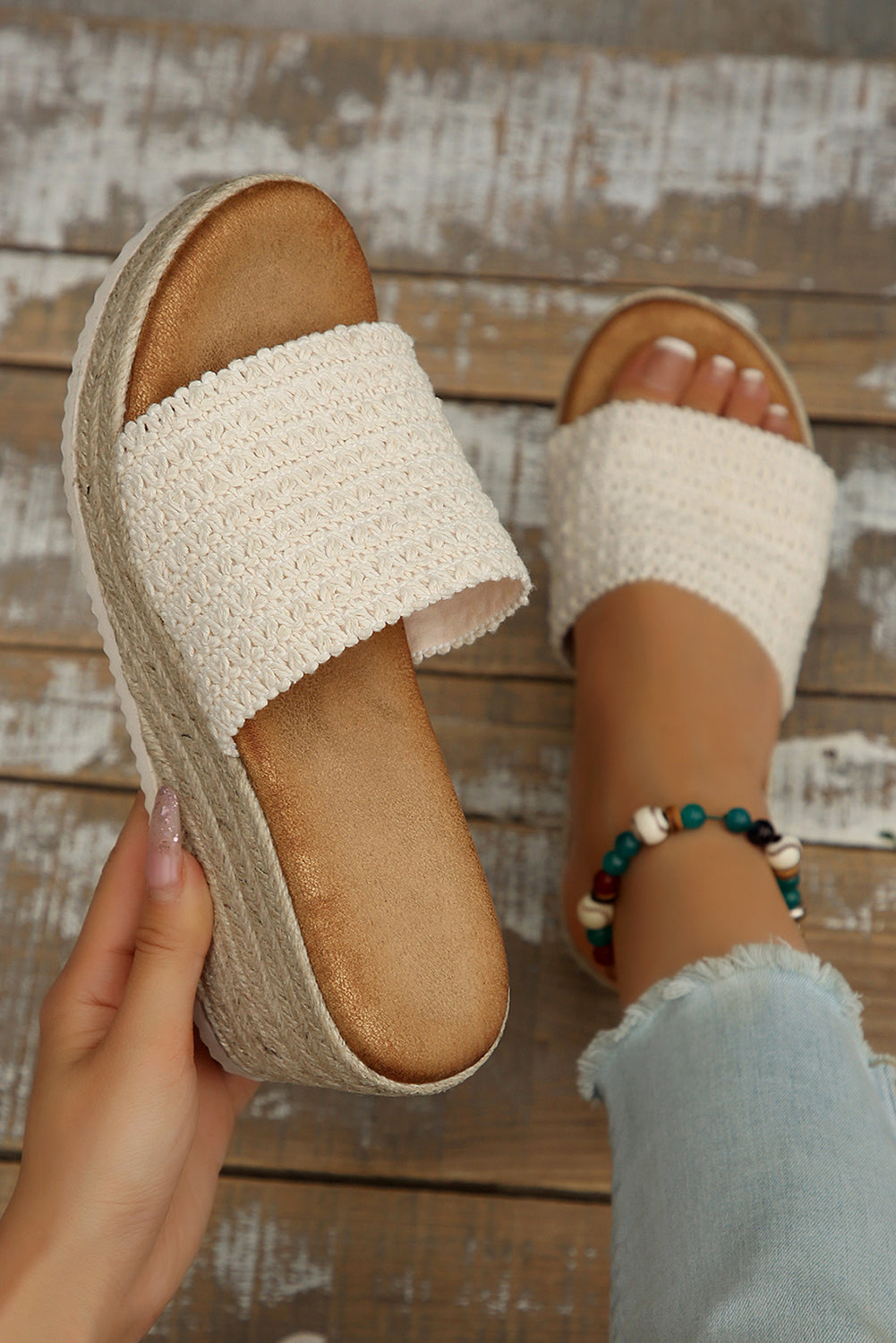 Smoke Gray Woven Wide Band Platform Slippers