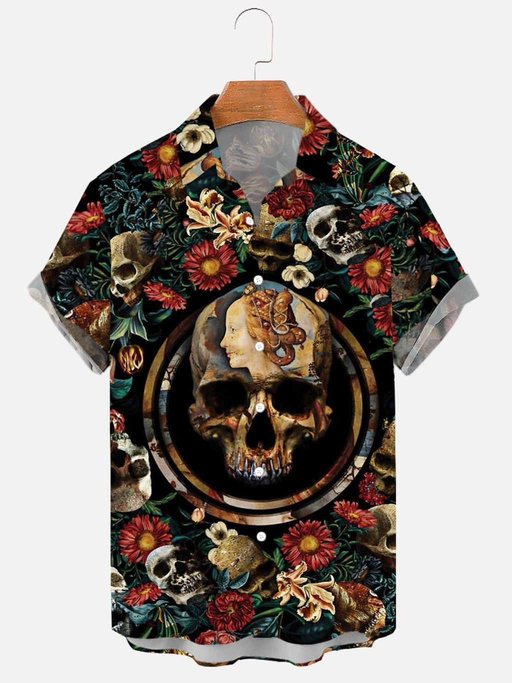 Herrenhemd mit Totenkopf- und Rosen-Print