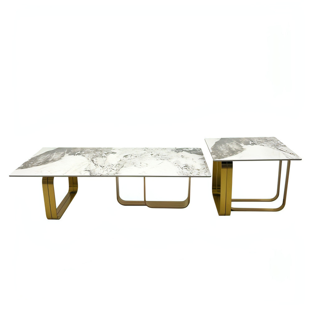 LuneluX_Home – Modern Sintered Stone Coffee Table Set with Gold Frame (2 pcs)