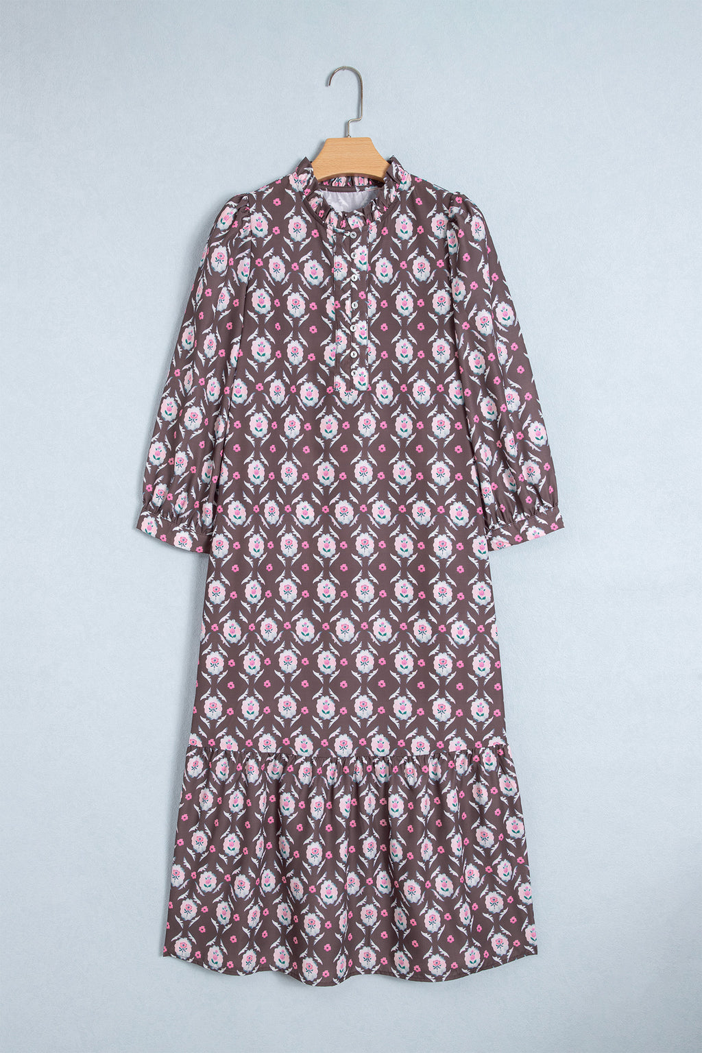 Brown Floral Print Button Front Ruffle Hem Midi Dress