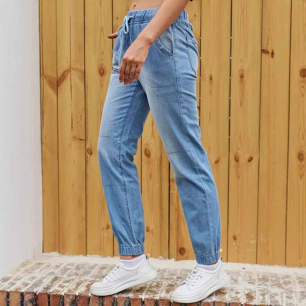 Elastic Waistband High Waist Jeans – Korean-Inspired Skinny Fit