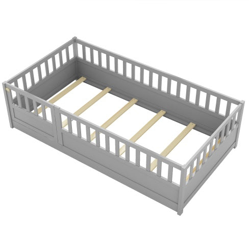 MontessoriPlay™ – Twin Size Wooden Floor Bed with Safety Rails & Door (US Warehouse)