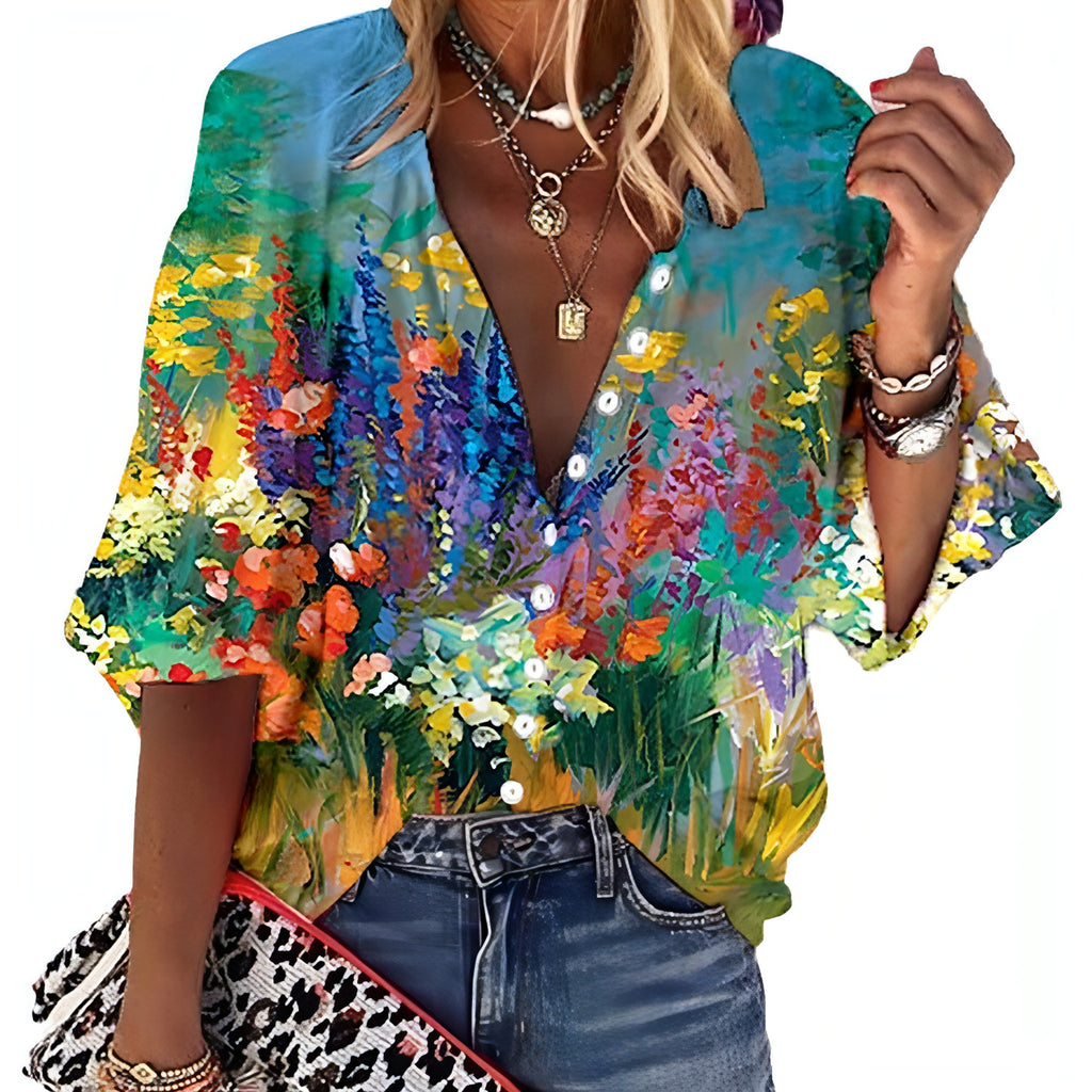 Camisa de vestido de manga longa impressa em flor 3D Mulheres