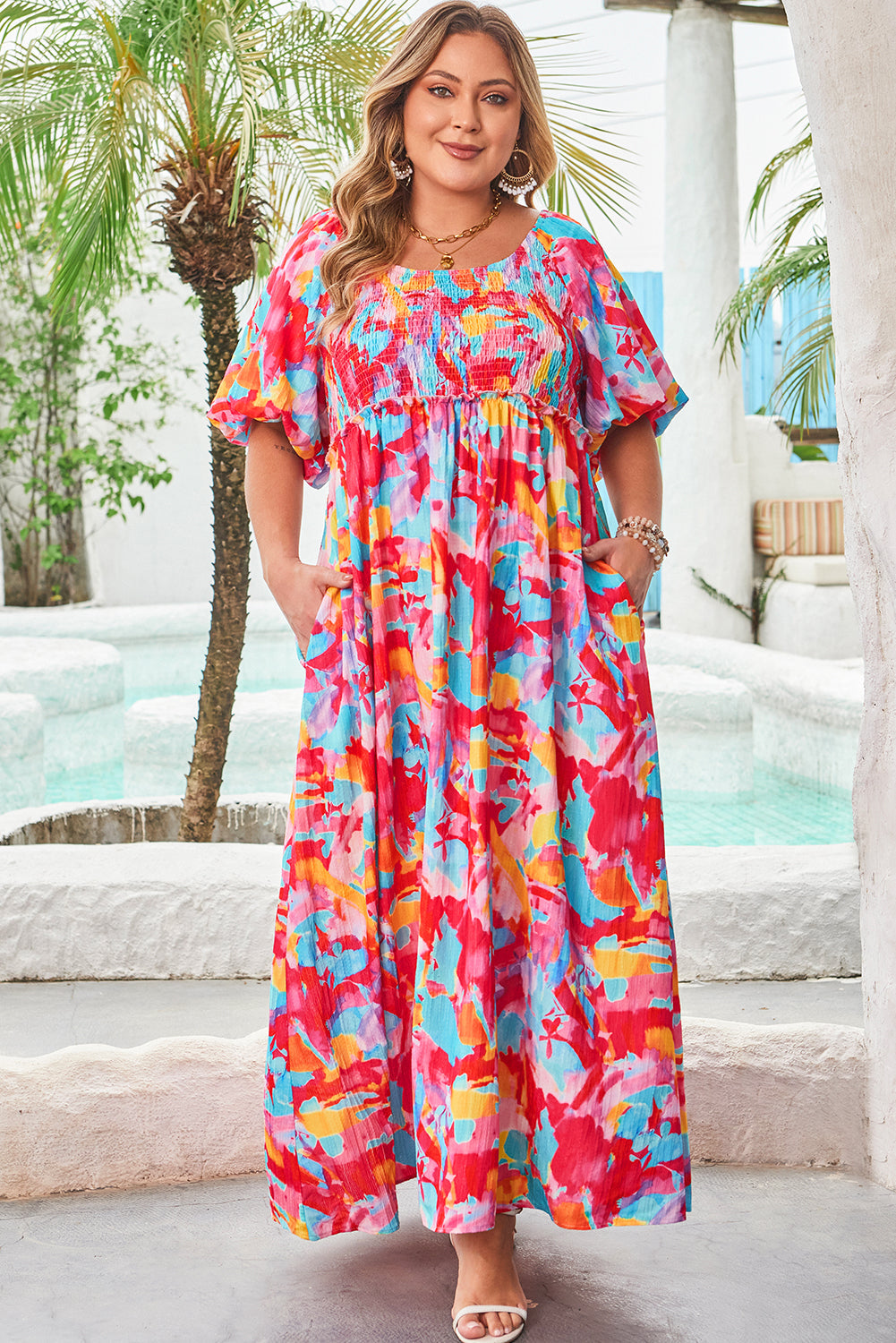 Rose Abstract Printed Puff Sleeve Square Neck Smocked Bust Tied Back Plus Size Dress