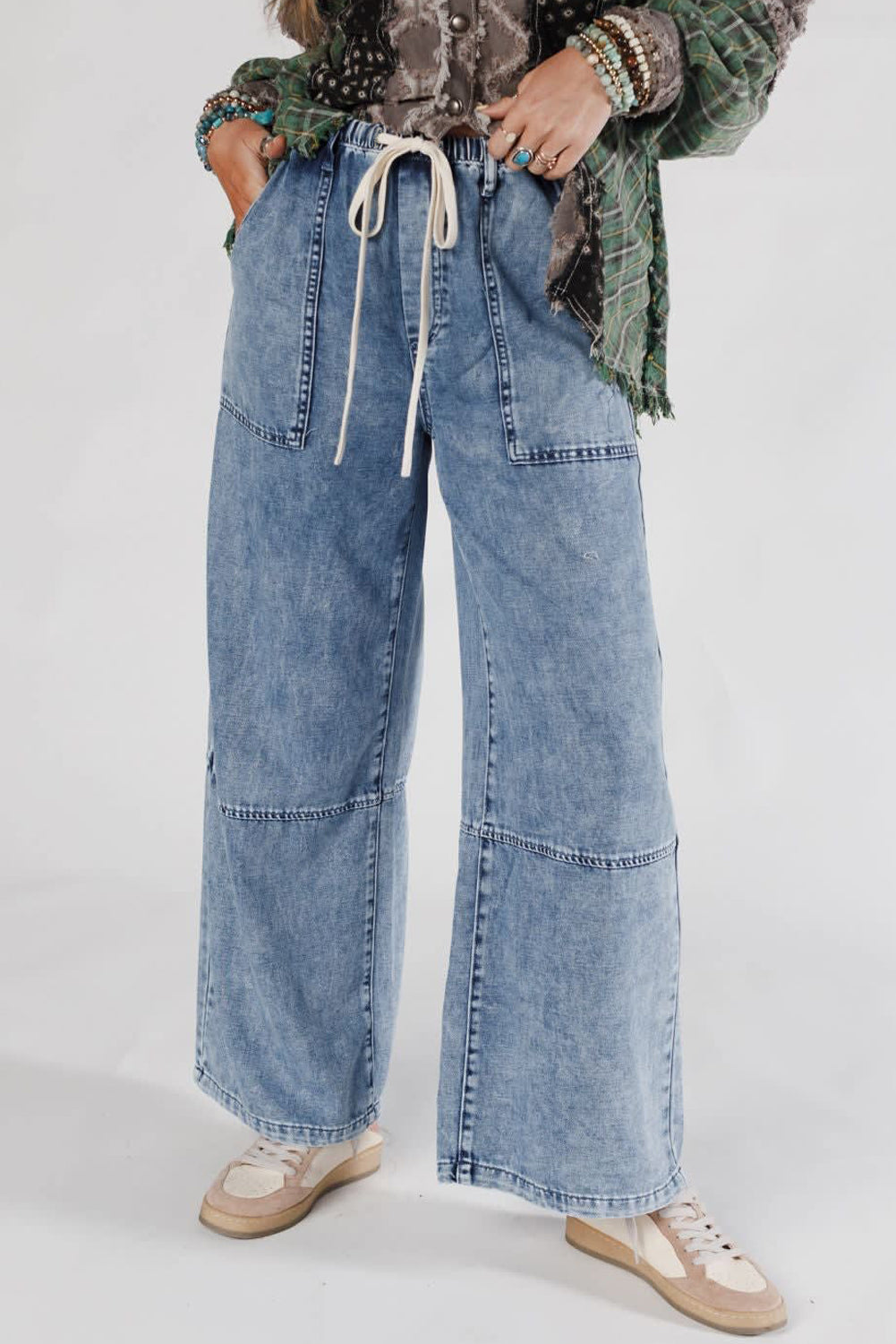 Ashleigh Blue Acid Wash Exposed Seam Drawstring Elastic Waist Barrel Jeans