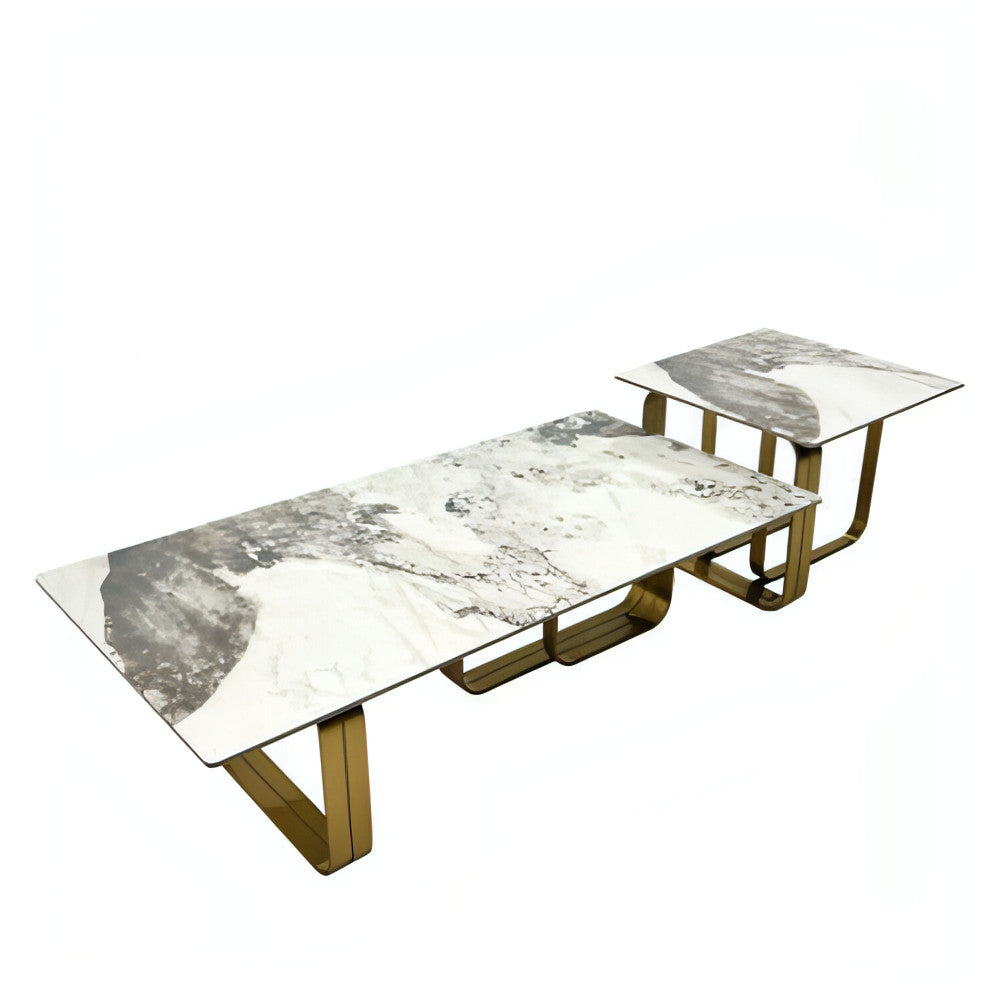 LuneluX_Home – Modern Sintered Stone Coffee Table Set with Gold Frame (2 pcs)