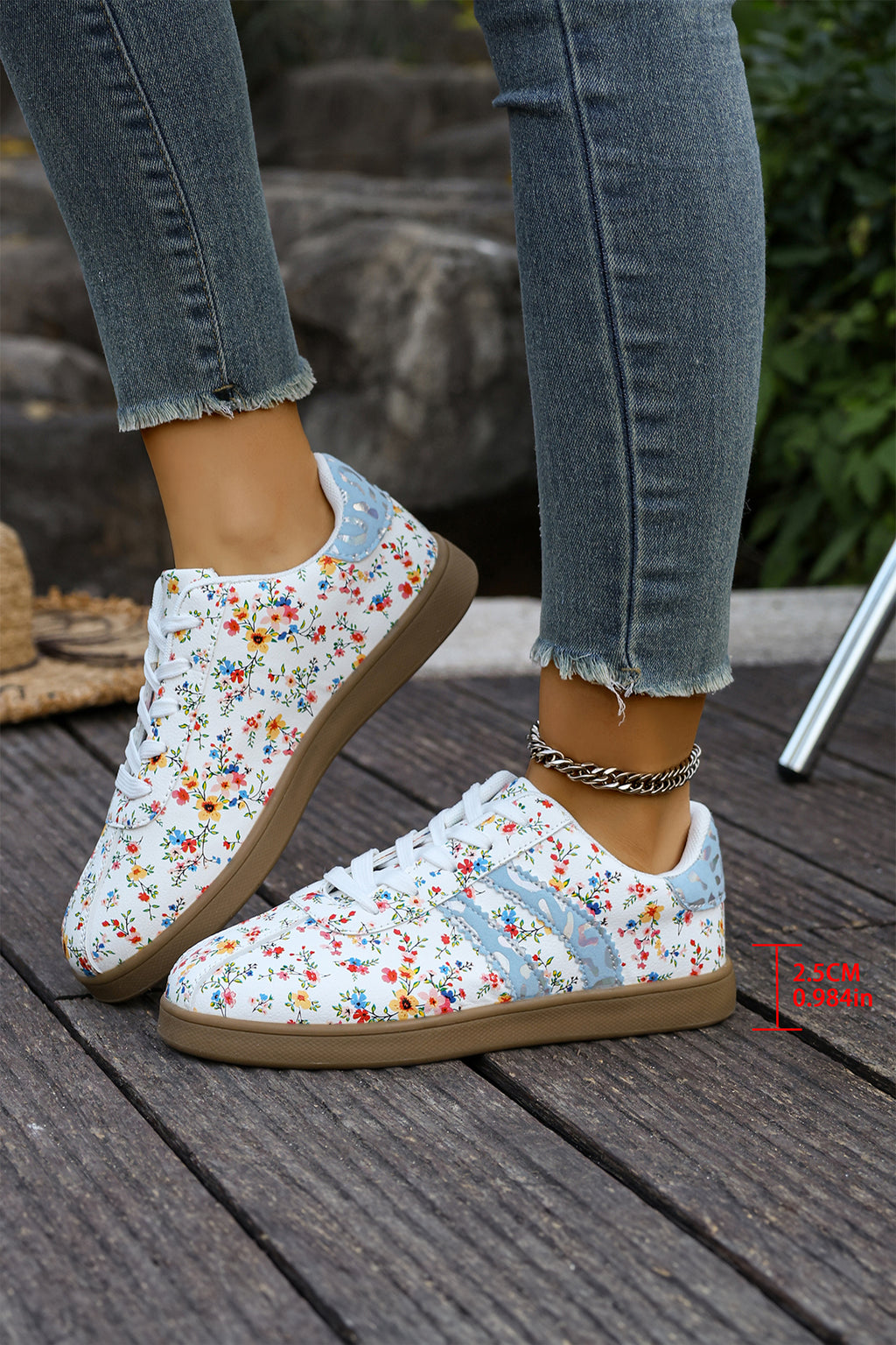 Racing Red Fresh Floral Print Color Block Detail Lace Up Shoes