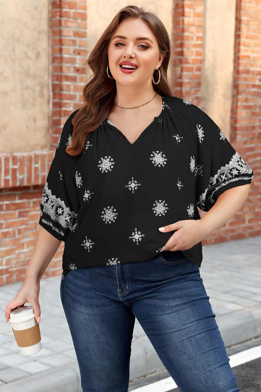 Green Boho Chic Notched V Neck Plus Floral Short Sleeve Top