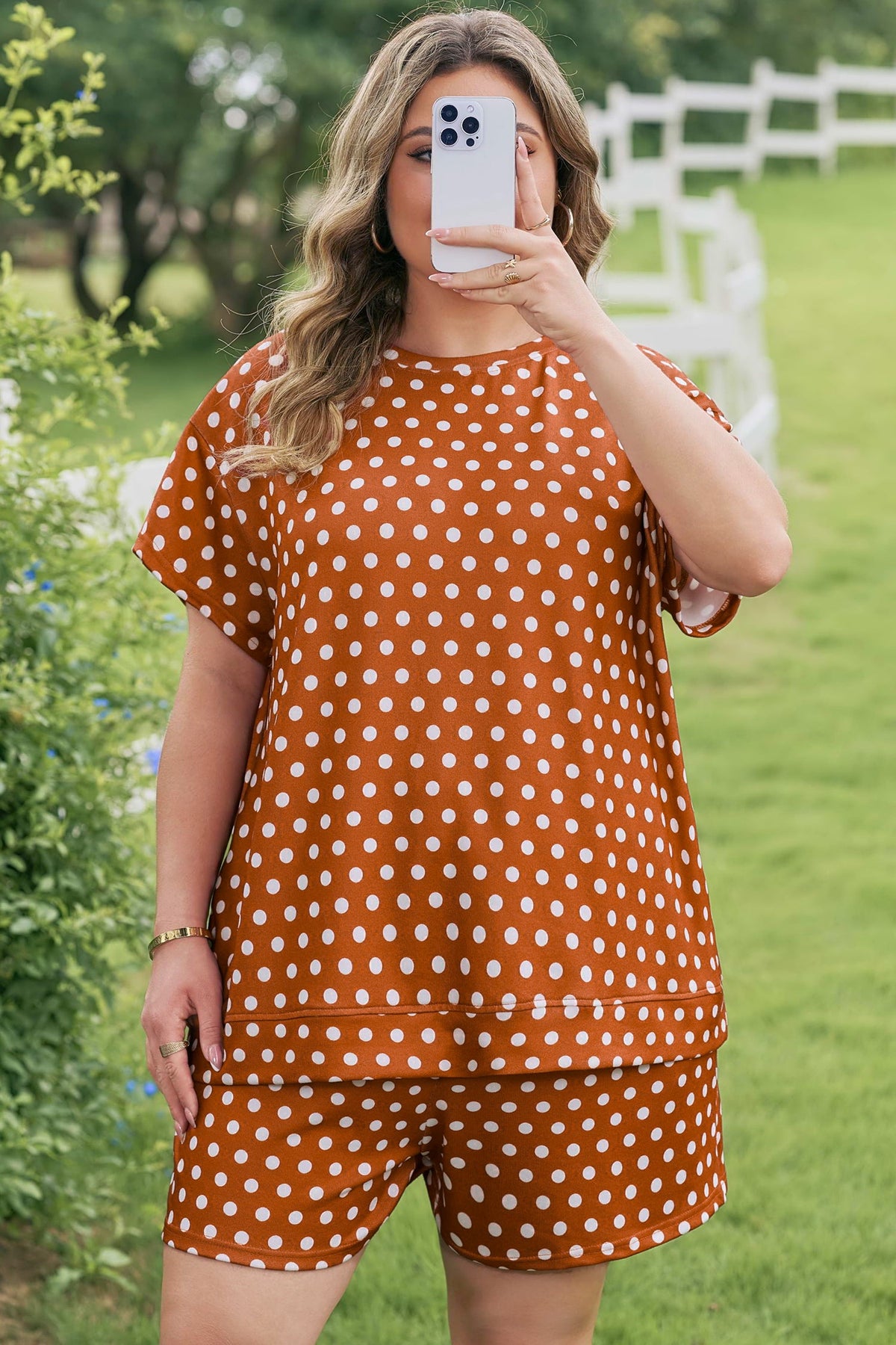 Brown Polka Dot Print Dropped Shoulder Tee Plus Size Short Set