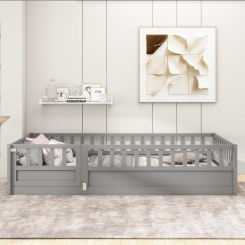 MontessoriPlay™ – Twin Size Wooden Floor Bed with Safety Rails & Door (US Warehouse)