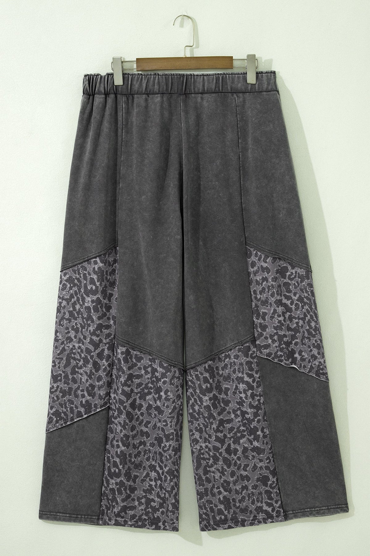 Dark Grey Plus Size Leopard Patchwork Mineral Wash Wide Leg Pants