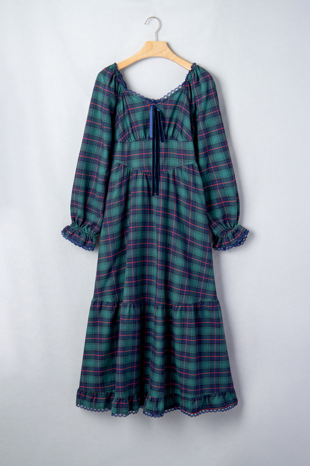 Green Vintage Plaid Square Neck Lace Trim Long Sleeve Shift Dress
