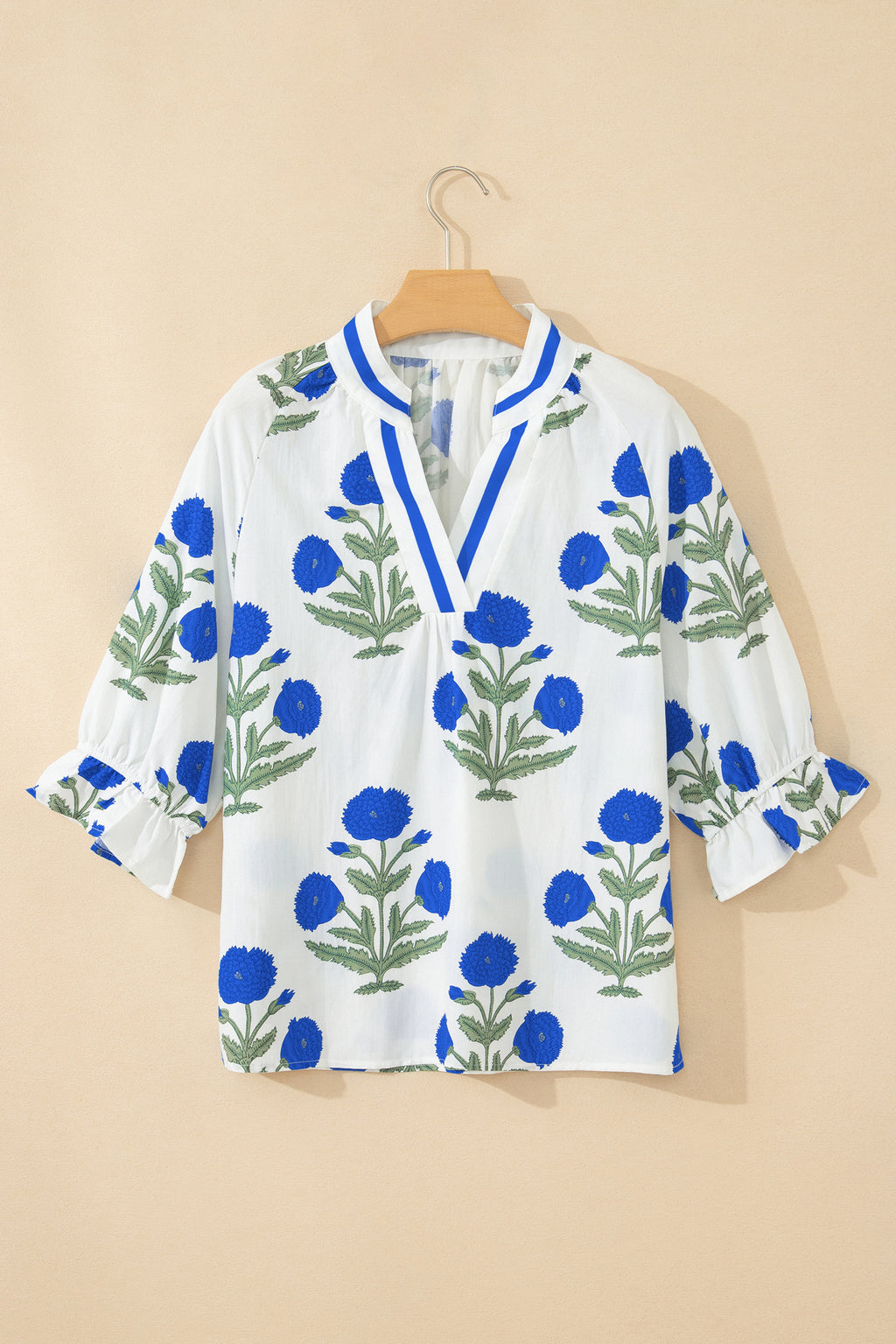 Sky Blue Casual Wild Flower Print V Neck 3/4 Sleeve Blouse