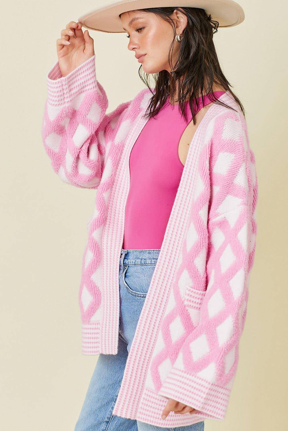 Pink Rhombus Muster Stricker vorne steckte Cardigans