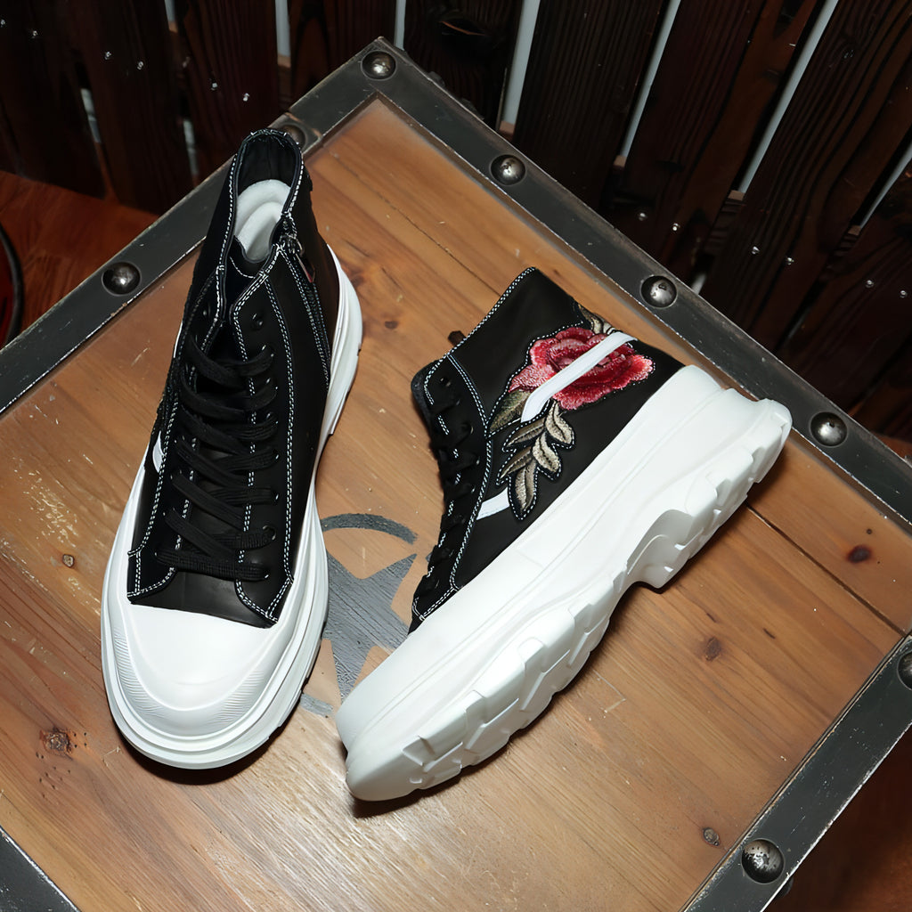 Sapatos bordados de cano alto personalizado com zíper de couro masculino tênis de topo alto