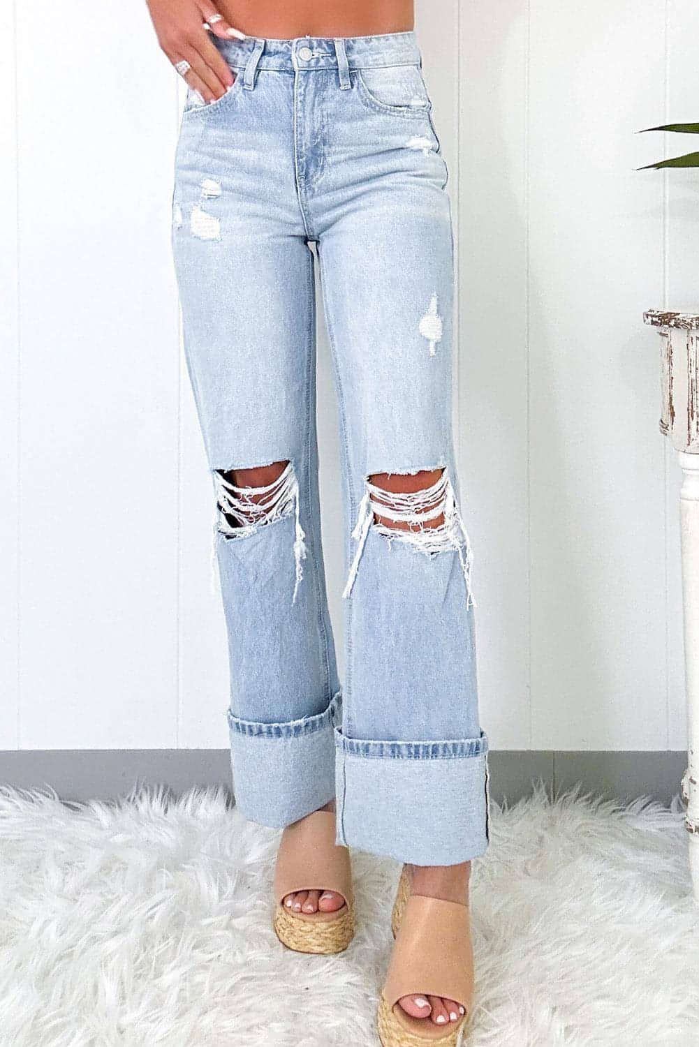 Beau Blue Light Wash nödställda flare jeans