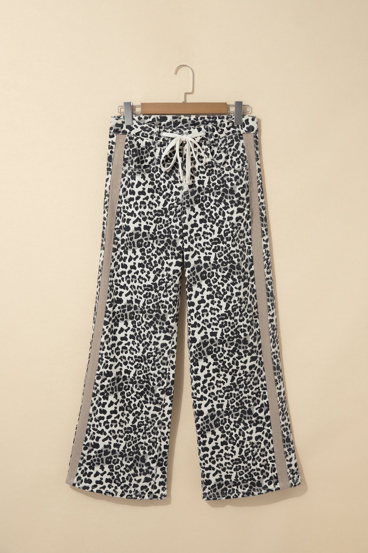 Khaki Leopard Print Drawstring Waist Straight Leg Jeans