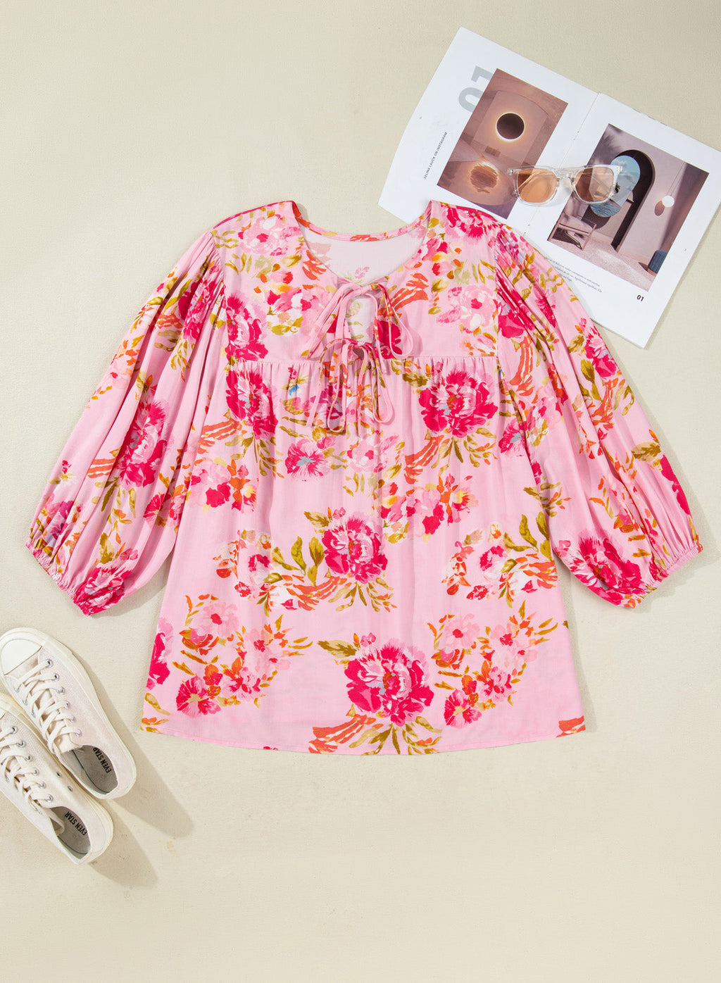 Pink Plus Size Floral Print V Neck Tie Front Short Sleeve Tunic Top