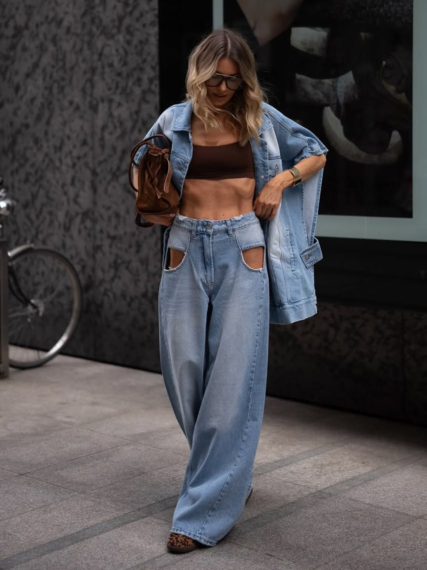 Hollow Wide-Leg Jeans – Bold Cutouts, Loose Fit, Urban Cool