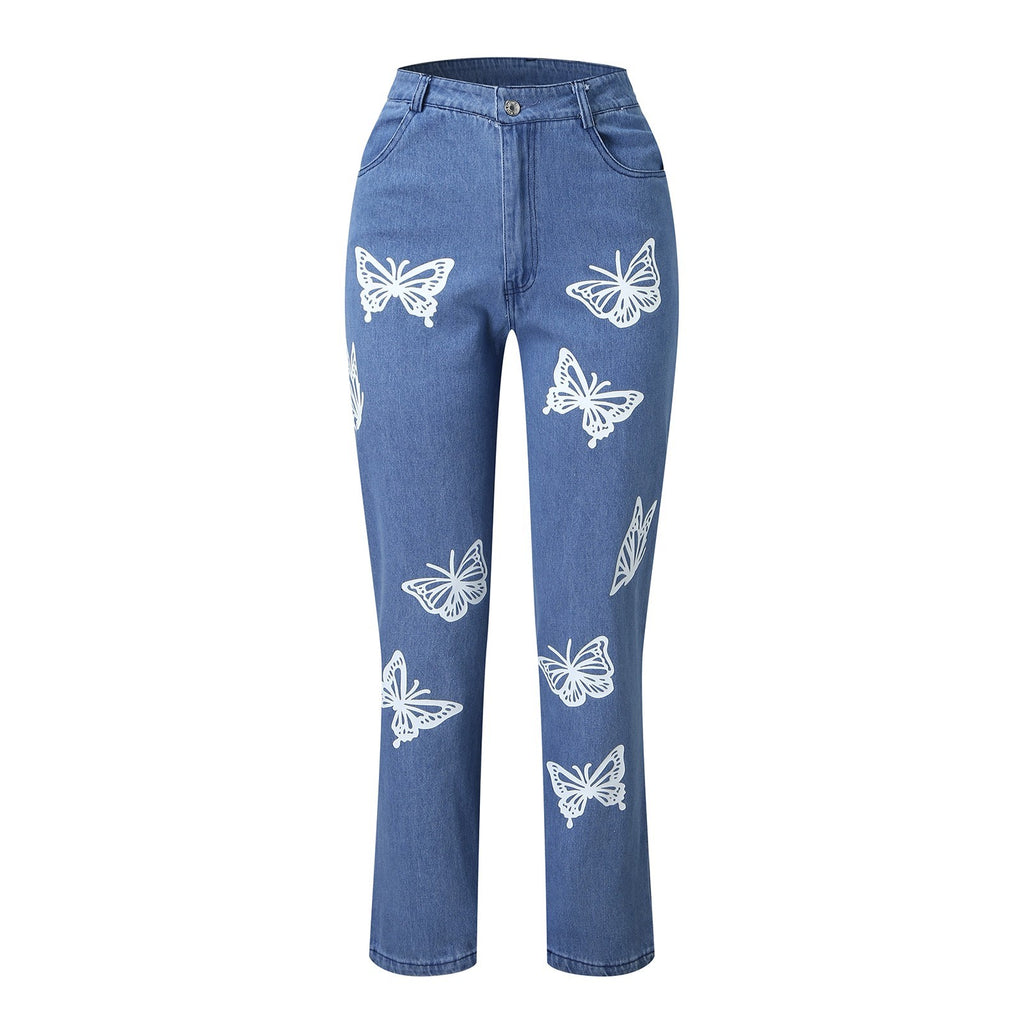 Women’s Wide-Leg Butterfly Jeans – Hot-Flower Vintage Statement Pants