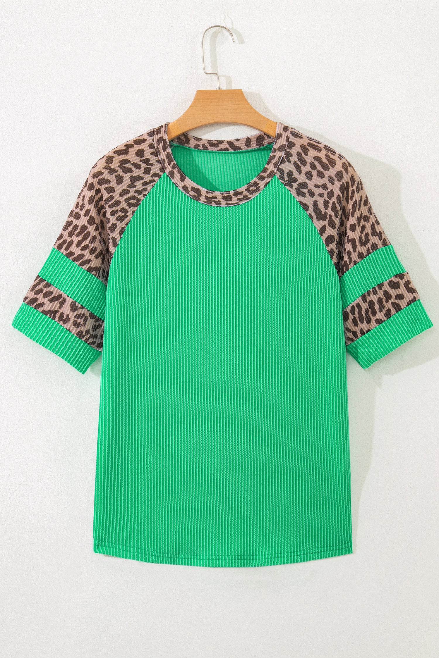 Green Corded Rib Leopard Color Block Patchwork Tunic Tee