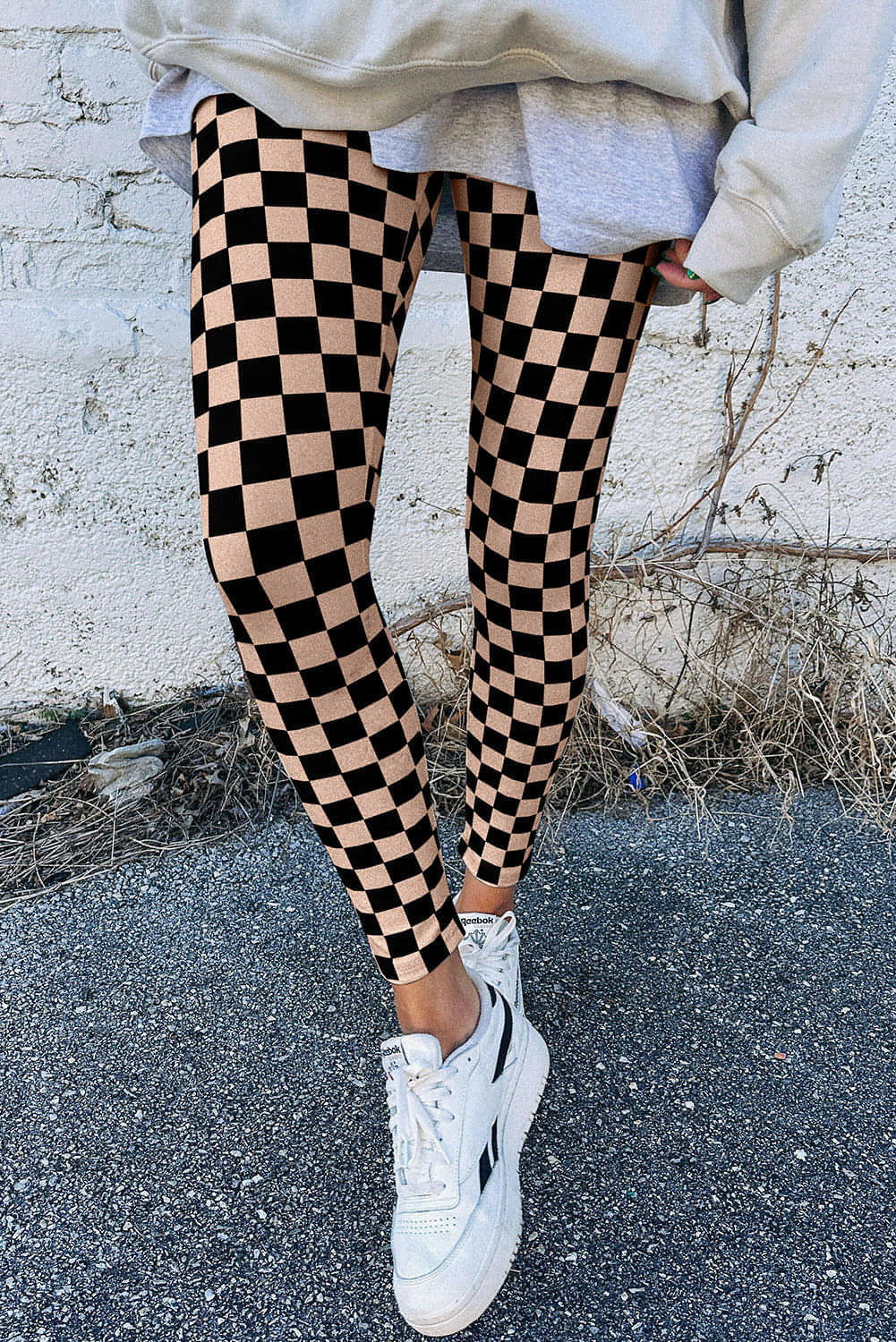 Kaki rutigt mönster hög midja mager leggings