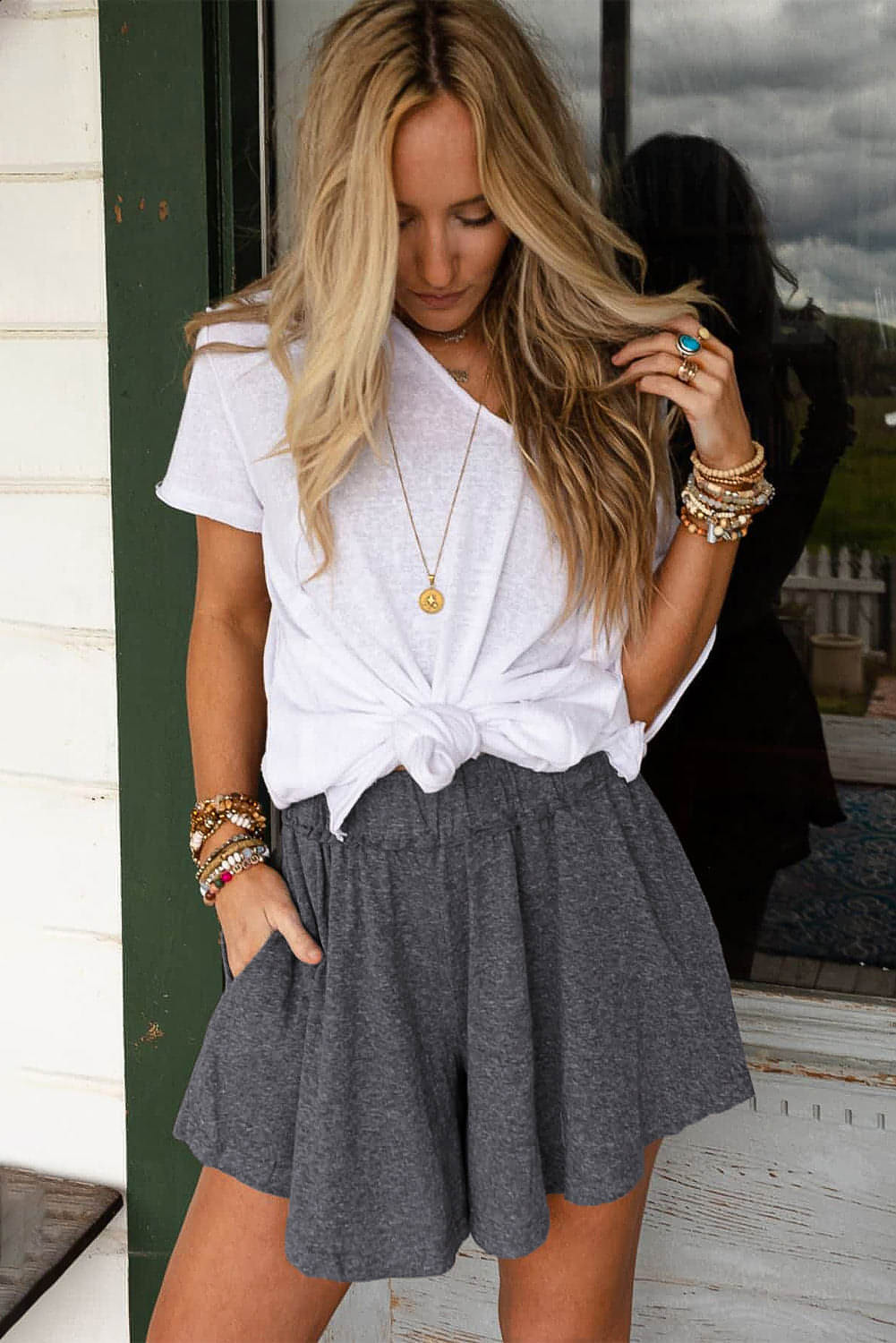 Graue Culotte-Shorts mit elastischem Bund