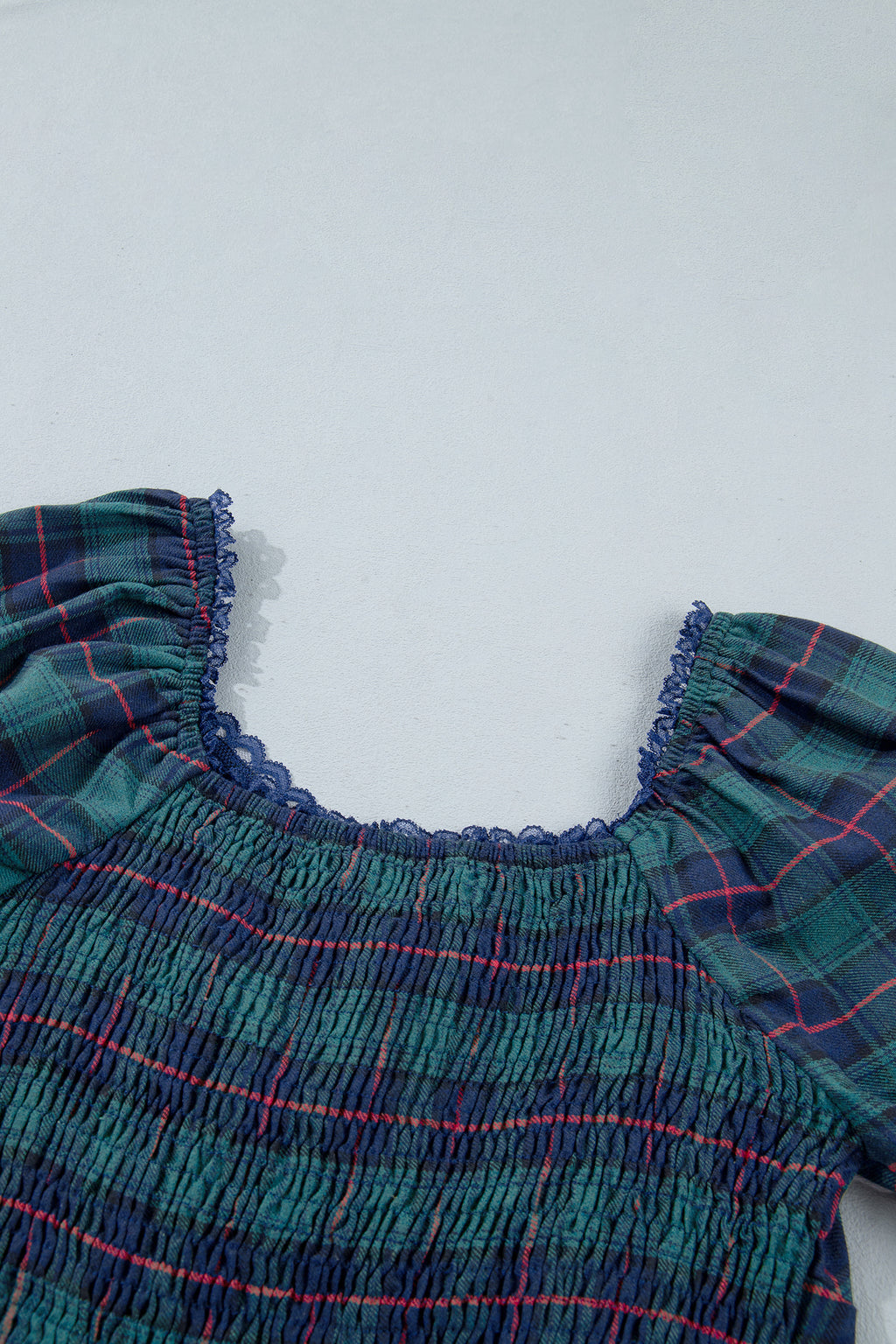 Green Vintage Plaid Square Neck Lace Trim Long Sleeve Shift Dress