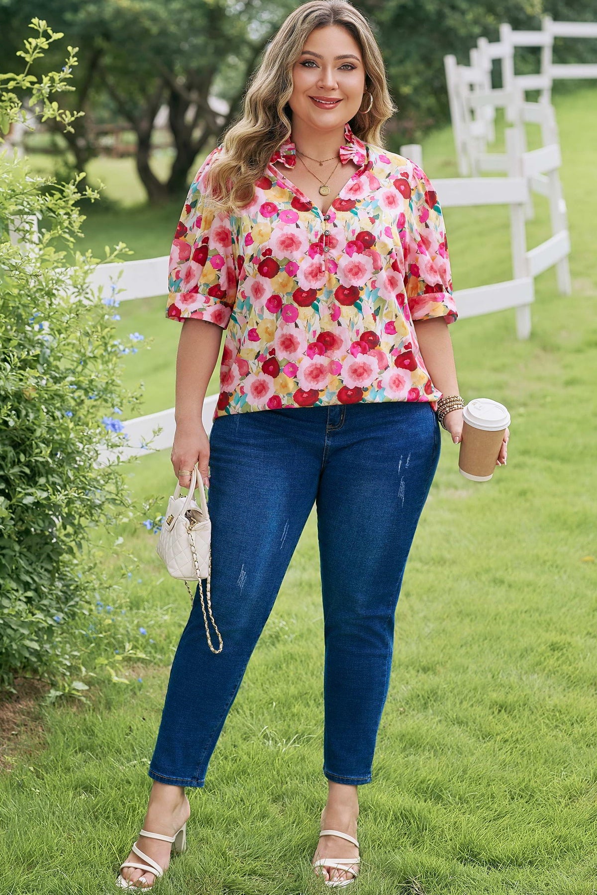 Pink Plus Size Flower Print Split V Neck Puff Short Sleeve Top
