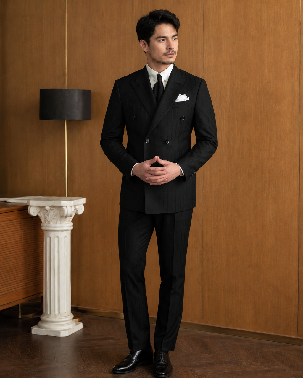 VestraForm™ – Handsome Black Double-Breasted Pinstripe Suit (2 Piece Set)