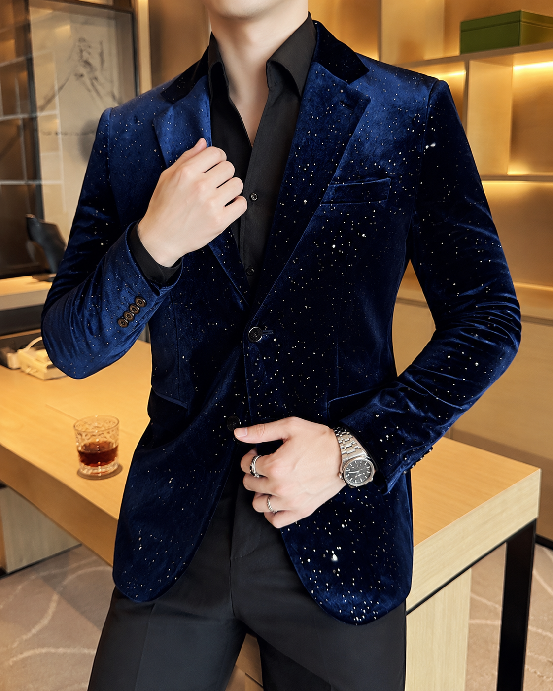 Herren-Bühnenanzugjacke mit südkoreanischem Slim-Fit und Bronzing-Motiv