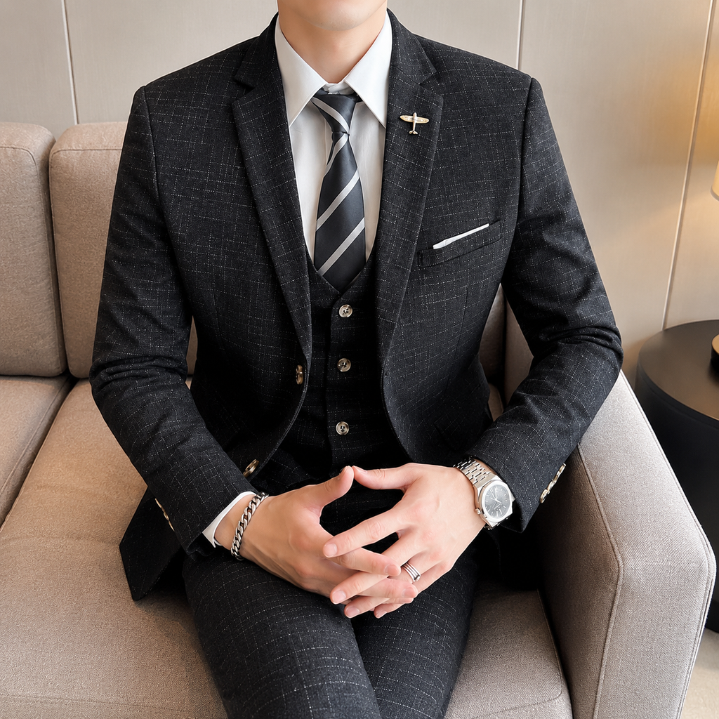 Mode Mesh Plaid Men Tuxedo driedelig pak
