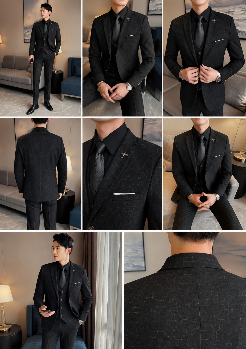 Mode Mesh Plaid Men Tuxedo driedelig pak