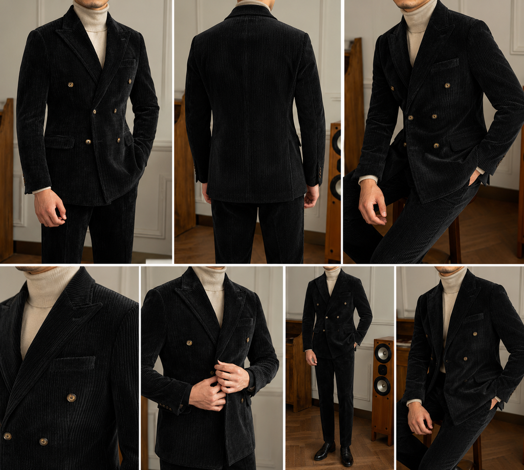 Gentleman Style Double Row Buckle Groove Bar Chenier Suit Set