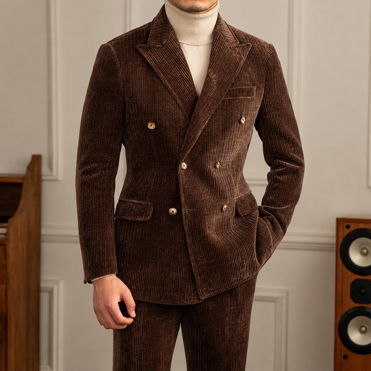 Gentleman Style Double Row Buckle Groove Bar Chenier Suit Set