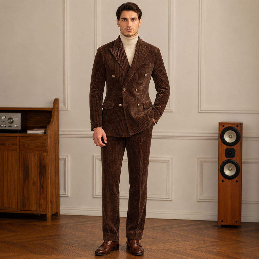 Gentleman Style Double Row Buckle Groove Bar Chenier Suit Set
